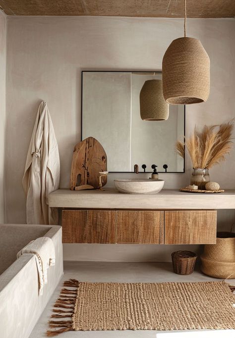 Stylish boho bathroom with floating wooden shelves and terracotta pots Bohemian Bathroom Decor, Stile Boho Chic, Bohemian Bathroom, Boho Bathroom Decor, Boho Interior Design, Boho Bathroom, Bathroom Inspiration Decor, Chic Bathrooms, Boho Interior