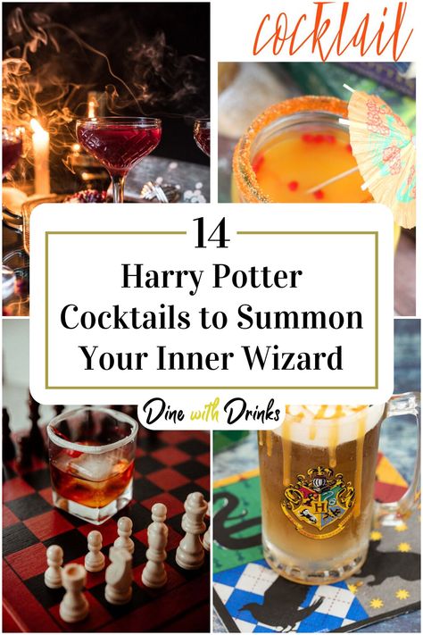 Collage of 4 harry potter cocktails. Harry Potter Wedding Cocktails, Harry Potter Party Cocktails, Golden Snitch Drink, Essen, Harry Potter Firewhiskey, Harry Potter Drinks Recipes, Alcoholic Harry Potter Drinks, Easy Harry Potter Cocktails, Harry Potter Alcoholic Drinks Recipes