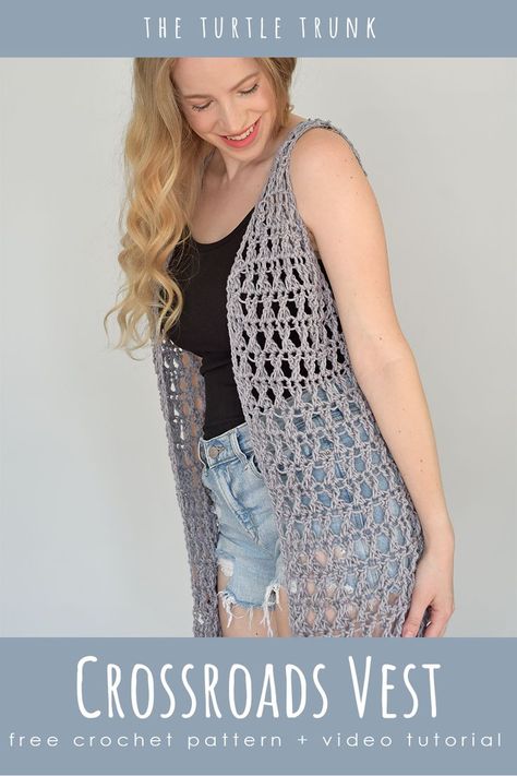 Pinterest pin for the Crossroads Vest crochet pattern by The Turtle Trunk Crochet Vest Outfit, Crochet Zig Zag, Crochet Vest Pattern Free, Crochet Quotes, Crochet Blouse Pattern, Vest Pattern Free, Crochet Cardigan Pattern Free, Crochet Kimono, Oversize Pullover