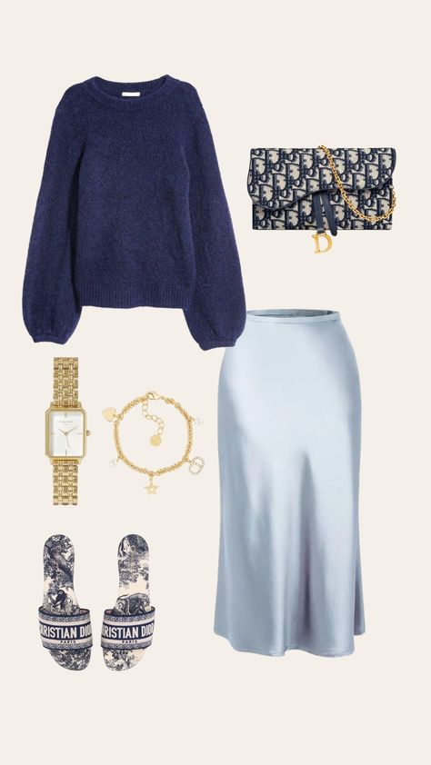 autumn, outfit, outfit inspo, heels, watch, bracelet, green, black, orange, purple, blue, navy, satin, designer, modest, handbag, jumper, jeans, khaleeji, summer. Smart Modest Outfits, Blue Satin Skirt Outfit Summer, Jw Outfits Modest Clothing, Navy Blue Bag Outfit, Navy Blue Outfit Ideas Casual, Navy Blue Wardrobe, Modesty Outfits Summer, Jeans Jumper Outfit, Elegant Modest Outfits