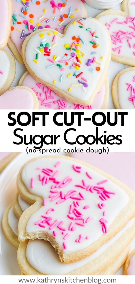 Easy Soft Cut-Out Sugar Cookies are chewy, thick, and perfect for decorating.  These cookies hold their shape and can be customized for any holiday or occasion. The cookie dough is easy to work with and doesn't require a ton of chilling time. This is the only cut-out sugar cookie recipe you'll ever need! #sugarcookies #cookies #bake #cutoutcookies #frostedcookies #dessert Soft Cut Out Sugar Cookies, Shaped Cookies Recipe, Sugar Cookie Cutout Recipe, Sugar Cookie Recipe For Decorating, Sugar Cookie Dough Recipe, Rolled Sugar Cookie Recipe, Roll Out Sugar Cookies, Cut Out Sugar Cookies, Chewy Sugar Cookie Recipe