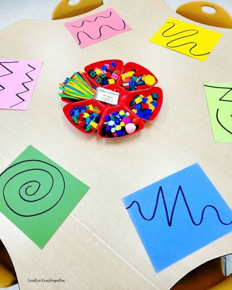 CREATIVE KINDERGARTEN | Amanda on Instagram: "Scroll through to see some patterning activities we set up for our students! > My teaching partner made different types of lines on paper. Students used loose parts and patterning cards to create patterns on the lines. > Students created their own book of patterns following different rules. > Bingo dabbers are such a fun way to practice making different patterns! If you want to take a look at the pattern cards and book, I'll put a link in my bio! @ Hands On Pattern Activities For Kindergarten, Animal Pattern Activities Preschool, Math Their Way Kindergarten, Patterns In Preschool, Bingo Dabber Activities Preschool, Patterns Eyfs Activities, Pattern Activity For Kindergarten, Lines Preschool Activities, Lines Activities Preschool