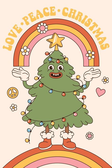 Natal, Retro Cartoon Style, Christmas Tree Logo, Hippie Christmas, Christmas Poster Design, Cartoon Christmas Tree, Rainbow Christmas Tree, Rainbow Christmas, Cartoon Trees