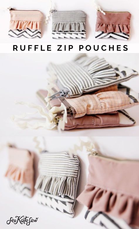 Ruffle Zipper Pouch, Sewing A Zipper In A Bag, Knit Zipper Pouch, Sewing Projects Purse, Cute Diy Sewing Projects, Cute Zipper Pouch, Small Sewing Crafts To Sell, Zipper Sewing Projects, Fabric Zipper Pouch