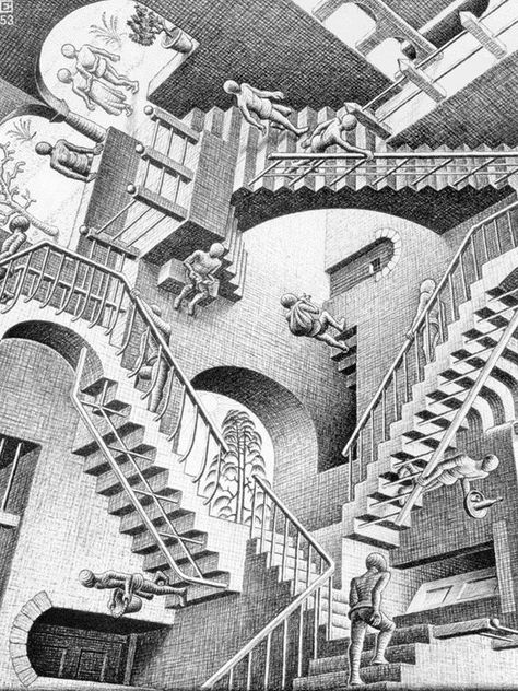 Escher Stairs, Mc Escher Art, Escher Drawings, Maurits Cornelis Escher, Escher Art, Optical Illusion Drawing, Illustration Picture, Illusion Drawings, Drawing Poster