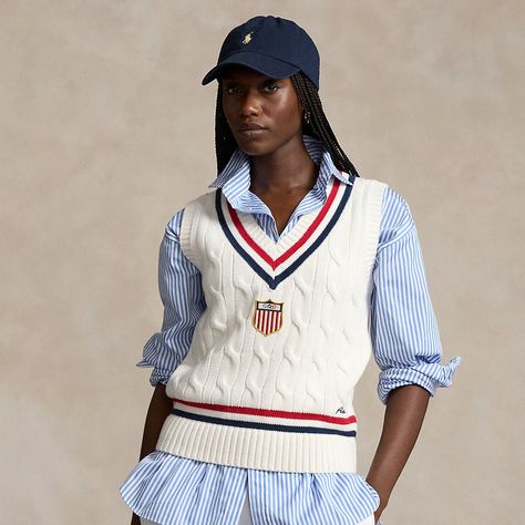 Part of the Polo Ralph Lauren Team USA Collection this cricket-inspired sweater vest is cable-knit with cotton and features an archival Team USA shield patch with the Olympic Rings which was originally worn by US competitors from 1924 until the ’50s. Polo’s iconic logo is embroidered in script at the hem. Polo Shirts Women's Outfit, Ralph Lauren Style Women, Sweatpants And Sweater, Ralph Lauren Looks, Olympic Rings, Ralph Lauren Fall, Shirt Outfit Women, Polo Ralph Lauren Women, Ralph Lauren Style