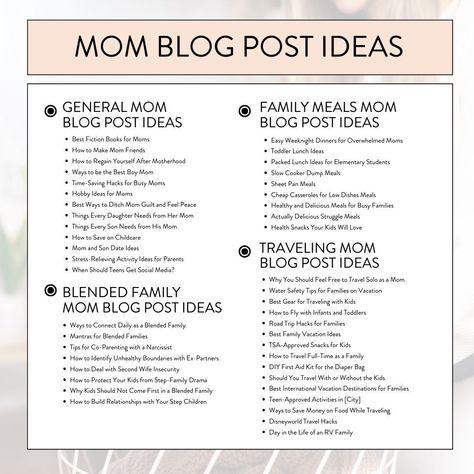 Unleash your creativity with our extensive list of 100+ mom blog post ideas. From heartfelt personal stories to practical parenting advice, this compilation will ensure you never run out of inspiration. Embrace your unique motherhood journey, connect with your readers, and make a positive impact in the lives of fellow moms. Let's celebrate the beauty of motherhood together! #InspiringMotherhood #CreativeBlogging Mom Blog Post Ideas, Mom Blog Topics, Blog Topic Ideas, Working Mom Routine, Single Mom Tips, Beauty Of Motherhood, Social Media Content Planner, Podcast Topics, Topic Ideas