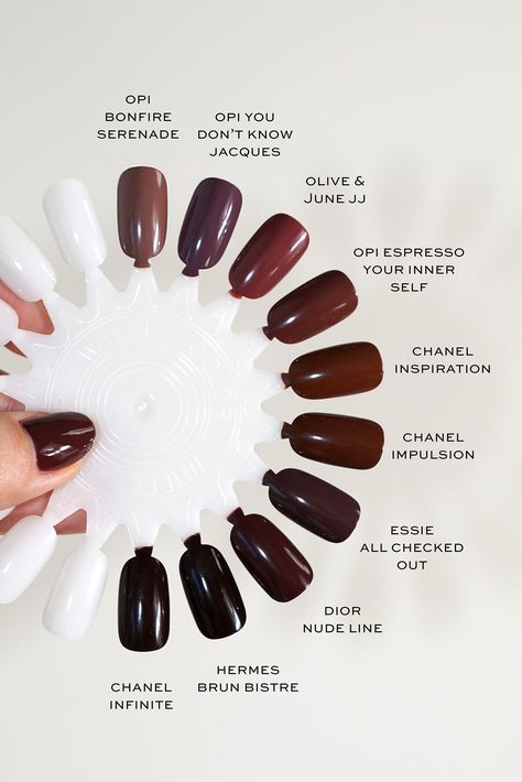 Essie Brown Nail Polish Shades, Cognac Nail Polish, Brown Nails Essie, Opi Brown Chrome Nails, Brown Opi Colors, Mocha Nail Polish, Dark Nail Colors Fall, Best Fall Colors For Nails, Opi New Years Nails