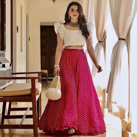 Indian Skirt And Top, Organza Ruffle Top, Skirt And Top Outfit, Long Skirt And Top, Hot Pink Skirt, Indian Skirt, Long Skirt Outfits, Long Gown Dress, Long Dress Design