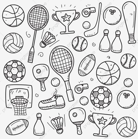 Tennis Doodle Art, Sports Doodle Art, Sports Equipment Drawing, Doodle Volleyball, Badminton Drawing Sketch, Football Shoes Drawing, Badminton Doodle, Badminton Racket Drawing, Games Drawing Ideas