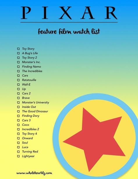 Walt Disney Movies List, Movie Night Checklist, Disney Movie Marathon List, All Pixar Movies, Movie Night List, Night Checklist, New Pixar Movies, Pixar Animated Movies, Disney Movies List