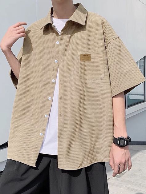 Khaki Casual Collar Half Sleeve Fabric Plain Shirt Embellished Non-Stretch Summer Men Tops Half Sleeve Shirts For Men, Half Shirts For Men, Short Sleeve Shirt Outfit, Gents Dress, Collar Shirt Men, Shirt Outfit Men, Drop Shoulder Shirt, Tutorials Drawing, Half Shirts