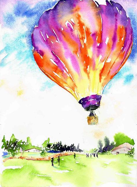 These colors are nice but i dont want it to look like a clemson balloon because i have no affiliation or care with sports. Hot Air Balloon Drawing, Hot Air Balloons Art, Balloon Painting, Arches Watercolor Paper, Watercolor Paintings For Beginners, Whimsical Paintings, Art Watercolour, Ordinary Day, Watercolor Paintings Easy