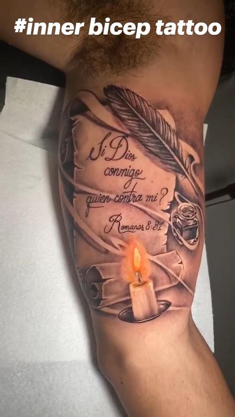 Pin on #Tattoo Bicep Tattoo Men Quote, Inner Bicep Tattoo Men Quote, Tattoo Inside Bicep, Inner Bicep Tattoo Men, Inside Bicep Tattoo, Christus Tattoo, Scroll Tattoos, Inside Of Arm Tattoo, Bicep Tattoo Men