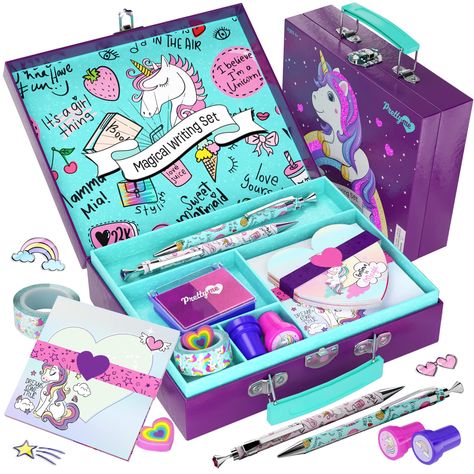 PRICES MAY VARY. MAGICAL WRITING SET IN BEAUTIFUL STORAGE CASE: Send letters, organize your thoughts, your lists, your feelings, or your favorite memories with this adorable unicorn-themed set. Perfect for the young writer, creator, or memory gatherer. LET YOUR UNICORN CREATIVITY SHINE! The possibilities are endless! Send secret notes with the heart-shaped cards and matching envelopes. Write large letters and lists on the notepad and matching large envelopes. Stamp with the two unicorn stamps wi Magical Writing, Pencil Case Art, Stationary Letter, Letter Writing Kit, Unicorn Pencil Case, Kids Stationary, Gel Pens Coloring, Secret Notes, Kids Art Supplies