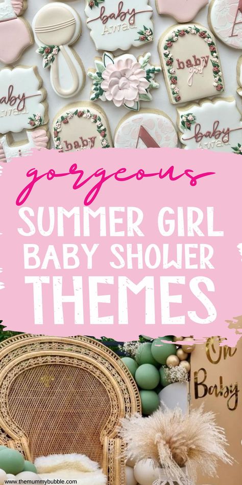 Pretty baby shower themes for a summer baby shower! Ideas that are perfect for outside featuring floral and garden baby shower inspiration for your special celebration. Baby Girl Summer Baby Shower Theme, Baby Girl Shower Ideas Summer, Baby Shower Girl Theme Summer, Summer Outdoor Baby Shower Ideas, Sage Green And Blush Baby Shower Ideas, Baby Girl Baby Shower Ideas Summer, Simple Baby Girl Shower Ideas, Baby Shower Ideas August, Summertime Baby Shower Themes