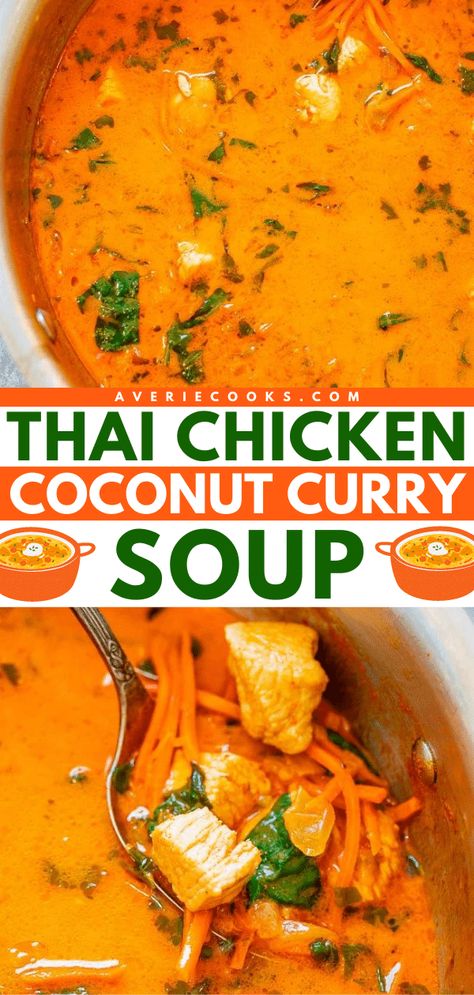 A simple soup recipe featuring Thai red curry paste! This chicken dinner idea in one pot is easy and ready in just 20 minutes. Healthy yet hearty with amazing flavor, this Thai Chicken Coconut Curry Soup will become one of your go-to comfort food! Red Coconut Curry Soup, Thai Chicken Coconut Curry Soup, Chicken Curry Soup Coconut, Coconut Curry Soup Recipes, Curry Soup Recipes Coconut, Thai Coconut Curry Chicken Soup, Chicken Coconut Curry Soup, Red Thai Coconut Curry, Thai Chicken Coconut Curry