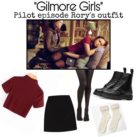 Pilot episode Rory Gilmore. Outfit: Black short skirt, black tights, black boots, cream socks and a tshirt Rory Pilot Episode, Fall 90s Outfits Grunge, Rory Gilmore Black Skirt, Lorelai Gilmore Autumn Outfits, Black Short Skirts Outfits, Lorelai And Rory Gilmore Outfits, Shirt Under Cardigan Outfit, Rory Gilmore Pilot Episode, Tv Outfit Inspiration