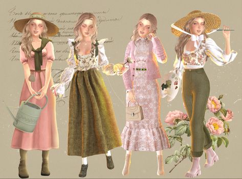 Sims 4 lookbook Tumblr, Sims 4 Cottage Outfits, Cottagecore Outfits Sims 4, Sims 4 Farm Outfits, Farmer Sims 4 Cc, Sims 4 Cottage Living Outfits, Sims Pink Cc, Boho Clothes Sims 4 Cc, Sims 4 Mods Cottagecore