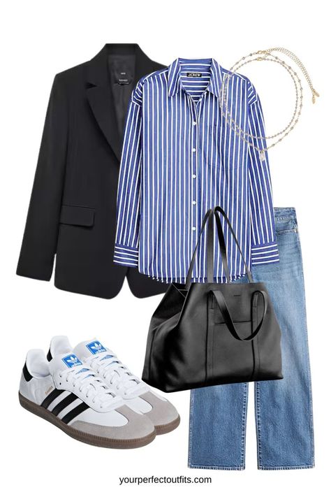 spring outfits, casual spring look, chic spring outfits, spring capsule wardrobe Style A Striped Shirt, White Striped Shirt Outfit, Blue Striped Shirt Outfit, Spring Office Outfits, White Shirt Style, Outfits With Striped Shirts, White Shirt Outfits, Sneaker Outfits, Looks Pinterest
