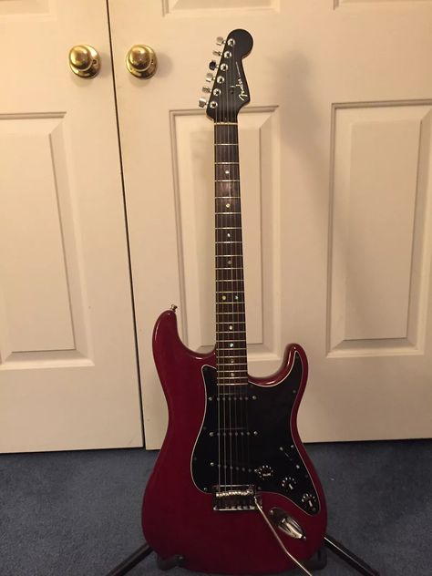 Red Black Electric Guitar, Eletric Gutair Red, Red Fender Stratocaster, Red And Black Electric Guitar, Dark Red Guitar, Dark Red Electric Guitar, Guitar Headphones, Red Electric Guitar, Red Guitar