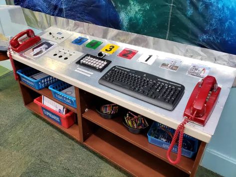 Mission Control Room, Space Dramatic Play Center, Diy Space Station, Imagination Station Ideas, Science Themed Nursery, Mission Control Panel, Space Station Dramatic Play, Under The Stairs Playroom, Space Dramatic Play