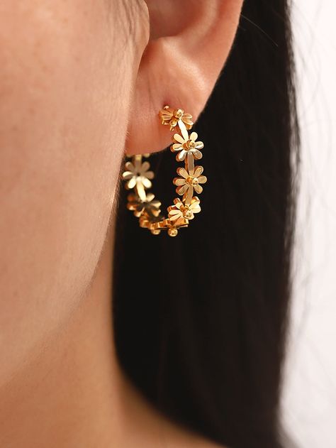 Yellow Gold Fashionable Collar  Stainless Steel  Hoop Embellished   Jewelry Jewelry Accessories Earrings Gold, Gold Earrings Flower, Gold Elegant Earrings, Gold Earing Design New, Gold Earrings Designs For Daily Use, Fancy Gold Earrings, Flower Gold Earrings, Jewelry Necklace Simple, Bridal Necklace Designs