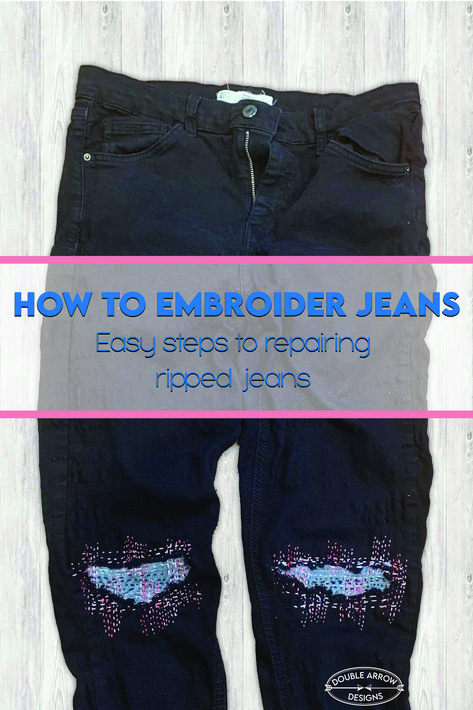 This is an easy technique! We took an old pair out of Emmas closet and repurposed them with this fun embroidery technique. These jeans had gaping holes at the knees. We turned them into a one of a kind beauty! #embroidery #diyfashion #fashionDIY #repurpose #sustainablefashion Embroidery On Ripped Jeans, Embroider Jeans, Repurpose Jeans, Diy Clothes Alterations, Arrow Designs, Fun Embroidery, Diy Clothes Hacks, Diy Clothes Refashion, Diy Clothes Design