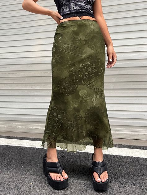 Multicolor Casual Collar  Mesh Fabric Floral Mermaid Embellished Slight Stretch  Women Clothing Mode Retro, Girls Party Wear, Long Skirt Outfits, Rock Outfit, Teen Girl Dresses, Women Skirts, Y2k Outfits, Foto Ideas Instagram, Mesh Skirt