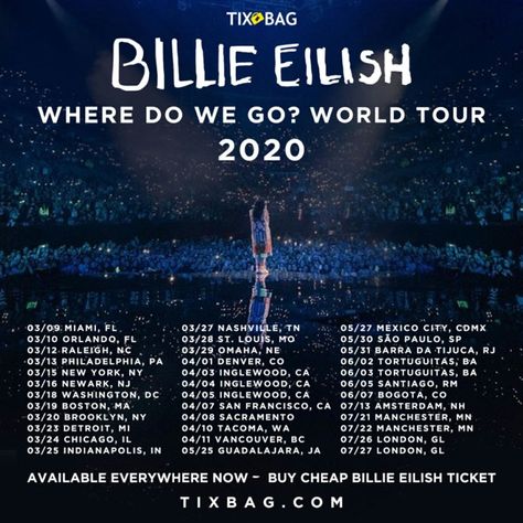 Billie Eilish 2020 World Tour Tickets Get On Sale Now. Tixbag.com is your local resource for cheap tickets to see Billie Eilish Concert 2020. See complete Billie Eilish 2020 world tour details, including by date, location, interactive charts for seating location and much more.  See Ticket & Dates Here: https://tb.tixbag.com/via195 Billie Eilish Tickets, Billie Eilish Tour, Billie Concert, Billie Eilish Concert, Care Basket, Bday Wishlist, When The Partys Over, Interactive Charts, State College Pa