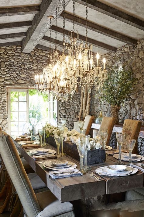 Property in Sonoma - Sonoma (Location Scouting Service by Mint Locations) Dining Room With Multiple Chandeliers, French Bistro Chairs, Stone Walls Interior, Farmhouse Dining Rooms Decor, Farmhouse Dining Room Table, Dining Room Table Decor, Rustic Dining Room, Farmhouse Dining Room, Farmhouse Dining