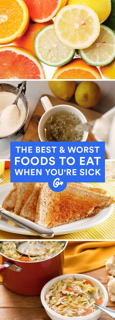 Feeling under the weather? Dig into these foods and drinks to get back into tip-top shape in no-time #sick #wellness #remedies http://greatist.com/health/best-foods-eat-when-sick Essen, Best Food When Sick, Best Sick Food, Food When Sick, Eat When Sick, Worst Foods To Eat, Sick Food, Sick Remedies, Foods And Drinks