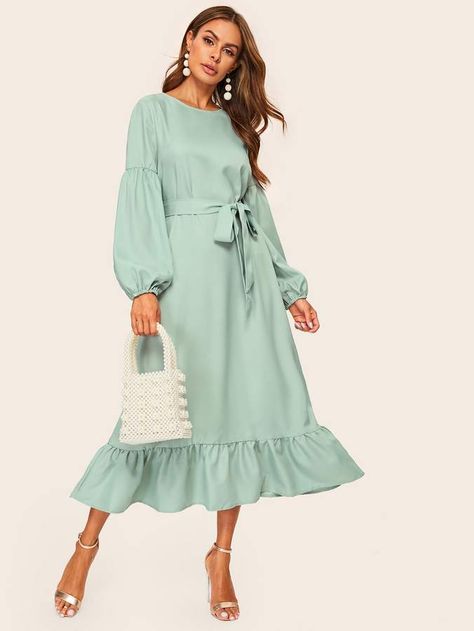 Shein Ruffle Hem Lantern Sleeve Belted Hijab Dress Shein Hijab Dress, Hijab Streetwear Outfit, Hijab Streetwear, Arabian Dress, Abaya Design, Dress Hijab, Mode Abaya, Style Hijab, Fashion Hijab