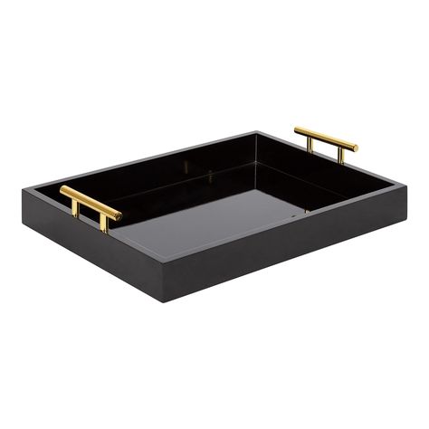 PRICES MAY VARY. MODERN TRAY: The Lipton tray offers robust storage in a stylish package with a rectangular shape and a glossy black finish that captures the eye FUNCTIONAL DESIGN: This tray features polished metal handles with a gold finish to showcase your glam style and create easy mobility from room to room LARGE TRAY: The sleek Lipton tray is 3.25 inches tall and has an 18-inch diameter, creating a robust surface that's perfect for storage, display, or hosting MULTIFUNCTIONAL: Use this geom Entrance Console Table, Entrance Console, Gold Chic, Black Tray, Dining Table Centerpiece, Ottoman Tray, Large Tray, Functional Storage, Wood Tray