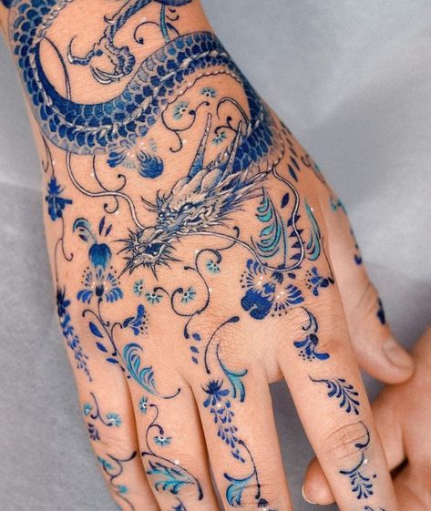 Hokusai Tattoo, Porcelain Tattoo, Blue Dragon Tattoo, Blue Ink Tattoos, Flower Hip Tattoos, Dragon Tattoo Ideas, Red Dragon Tattoo, Celestial Tattoo, Dragon Sleeve Tattoos