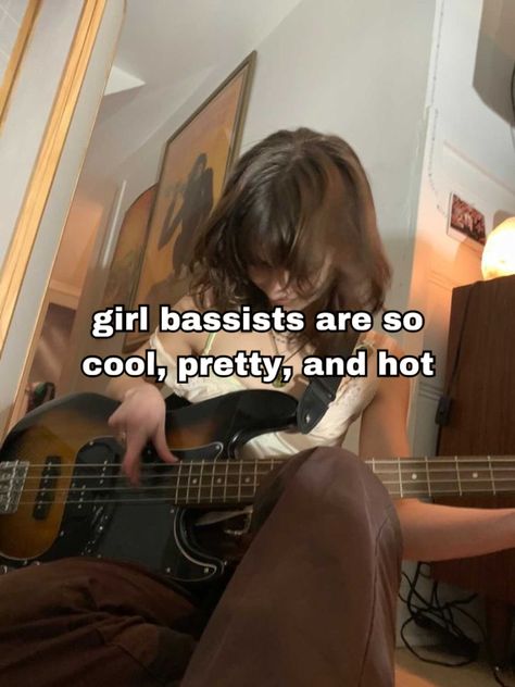 I play bass and I appreciate other girl bassists so much 🫶 Bassist Quotes, Gang Aesthetic, Whisper Aesthetic, Career Vision Board, Guitar Obsession, 사진 촬영 포즈, Guitar Girl, Relatable Whispers, Band Memes