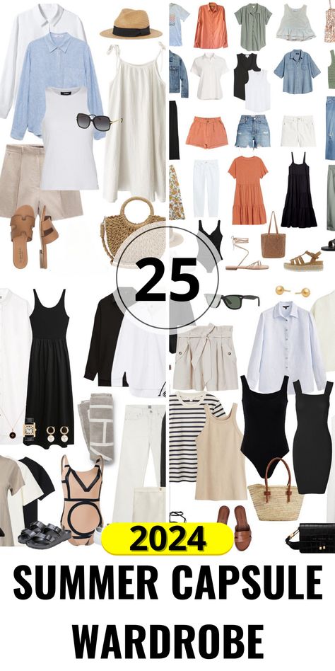 25 Must-Have Pieces for Your 2024 Summer Capsule Wardrobe - Your Guide to Style and Fashion - Fashoria.com Summer Wardrobe 40 Year Old, Wardrobe Travel Capsule, Vacation Capsule Wardrobe Beach Plus Size, Capsule Wardrobe Shorts, Summer Clothing Capsule, Capsule Wardrobe For Rectangle Shape, Womens Capsule Wardrobe 2024, Summer Fits Nyc, 21 Piece Capsule Wardrobe