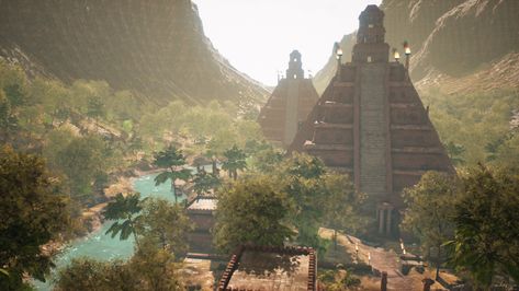 ArtStation - Aztec city, Thomas Aztec Ruins Art, Fantasy Aztec City, Aztec Aesthetic Ancient, Fantasy Mesoamerica, Aztec Futurism, Aztec Kingdom, Aztec Landscape, Aztec Buildings, Mayan Aesthetic