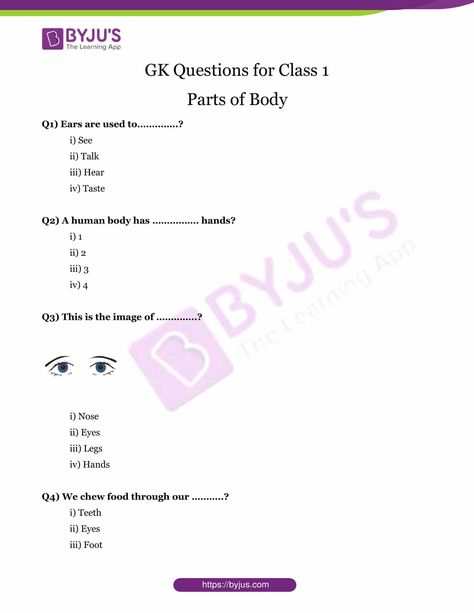 GK Questions for Class 1- Body Parts Class 1 Gk Worksheet, Gk For Grade 1, Gk Questions For Class 1, Gk Worksheets For Grade 1, Lightning Decor, Evs Worksheet, Class 1 Maths, English Activity, General Knowledge For Kids