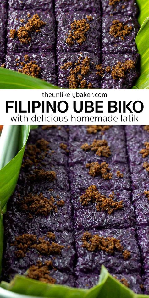 Ube biko is a kind of Filipino sticky rice cake made of glutinous rice and coconut, and packed with ube flavor. Easy to make, no need to bake, delicious! Check out the recipe with lots of tips and FAQs. Filipino Ube Dessert, Ube Biko Recipe, Filipino Sticky Rice Dessert, Sweet Rice Recipe Filipino, Biko Filipino Recipe, Ube Desserts Recipes, Ube Pie Recipe, Ube Roll Cake Recipe, Ube Biko