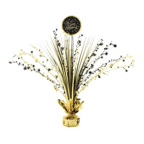 "Buy the 18\" Gold Birthday Spray Centerpiece, 2ct. at Michaels. com. Each centerpiece features shiny black and gold spray dotted with small stars as well as a \"Happy Birthday\" topper. Makes for a fun and unique table focal point. Add that special sparkle to your party when you decorate your table with our Gold Birthday Centerpiece! Each centerpiece features shiny black and gold spray dotted with small stars as well as a \"Happy Birthday\" topper. Makes for a fun and unique table focal point. Centre Pieces For Birthday Party, Black And Gold Centerpieces Birthday, Gold And Black Decorations, Gold Table Centerpieces, Black And Gold Centerpieces, Paper Centerpieces, Themes Party, Centerpiece Party, 50th Bday