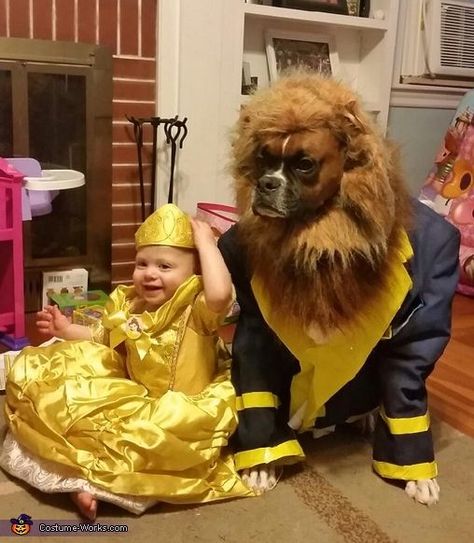 35 Awesome Homemade Matching Pet and Owner Couples Costumes - Neatorama... I'm not a child but this would be adorable for me and toke lol Dog And Owner Costumes, Best Dog Halloween Costumes, Beauty And The Beast Costume, Beast Costume, Pet Halloween Costumes, Boxer Puppy, Halloween Costume Contest, Dog Halloween Costumes, Halloween Animals