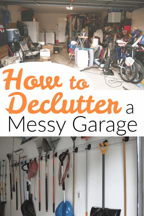 Before you organize, you need to declutter your garage. Be thorough, including the 5 categories of items to not keep in the garage. Free 17-page checklist. Organisation, Declutter Garage, Messy Garage, Garage Storage Plans, Garage Workbench Plans, Garage Storage Inspiration, Garage Organisation, Garage Organization Tips, Garage Workshop Organization