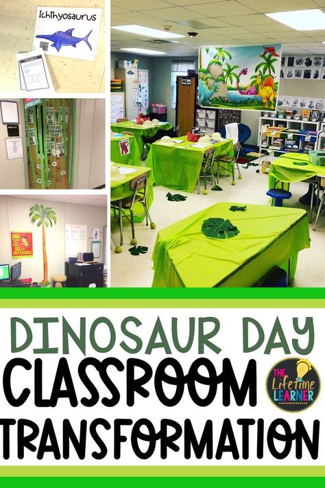 Classroom Transformation Ideas For Prek, 3rd Grade Dinosaur Activities, Dinosaur 1st Grade Activities, Dinosaur Theme Kindergarten Activities, Dinosaur Activities 2nd Grade, Kindergarten Room Transformation, Dinosaur Projects 2nd Grade, Dino Theme Classroom, Dinosaur Classroom Ideas