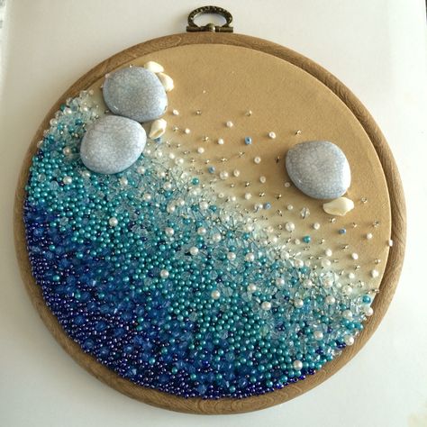 Embroidery Gcse Art, Painting On Embroidery Hoop, Ocean Themed Textiles, Sea Inspired Embroidery, Embroidery Ocean Theme, Embroidery With Shells, Embroidery Hoop Painting, Sea Theme Embroidery, Ocean Theme Embroidery