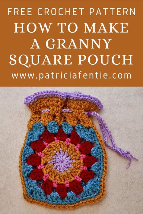 Learn how to make a granny square pouch using any granny square motif you like. A link to the granny square motif shown here is provided. The tutorial for the pouch shows how to join two squares together, how to make the band around the top and how to make the drawstring. There is also a link to a tutorial on how to hand sew a lining for this pouch (or any crocheted bag). Couture, Patchwork, Granny Square Change Purse, Drawstring Granny Square Bag, Granny Square Pouch Crochet Pattern, Granny Square Pouch Crochet, Granny Square Items, Granny Square Bag Lining, Crochet Granny Square Gifts