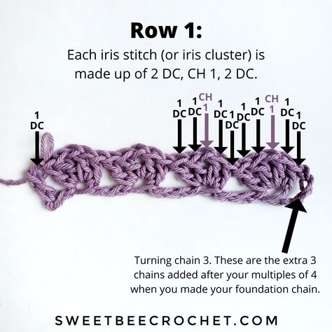 Iris Stitch - Crochet Tutorial - Sweet Bee Crochet Crochet Iris Stitch, Iris Stitch Crochet, Iris Stitch, Iris Crochet, Bee Crochet, Crochet Belt, V Stitch, Learn How To Crochet, Stitch Crochet