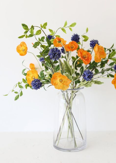 Blue And Orange Flower Arrangements, Poppy Arrangements, Orange Flower Arrangements, Sacred Bamboo, Wildflower Arrangements, Heavenly Bamboo, Blue Wildflowers, Flowering Branches, Fake Flower Arrangements