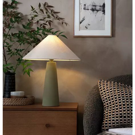 Bedside Table Plant, Beige Olive Living Room, Green Bedside Lamp, Mid Century Bedside Lamps, Bedside Table Lighting, Green Desk Ideas, Japandi Table Lamp, Green And Beige Bedroom, Bedside Lamps Ideas Bedrooms