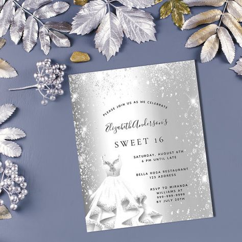 $ 1.15 | Sweet 16 silver dress glitter budget invitation - silver, glitter dust, 16th sixteenth birthday party, sweet 16 years old sixteen, dress, gown ballgown, elegant, metallic metal foil, winter, budget invitation Birthday Party Sweet 16, Glitter Sweet 16, Sweet 16 Party Decorations, Silver Invitation, Dress Glitter, Invitation Flyer, Sixteenth Birthday, Party Stationery, Luxury Invitation